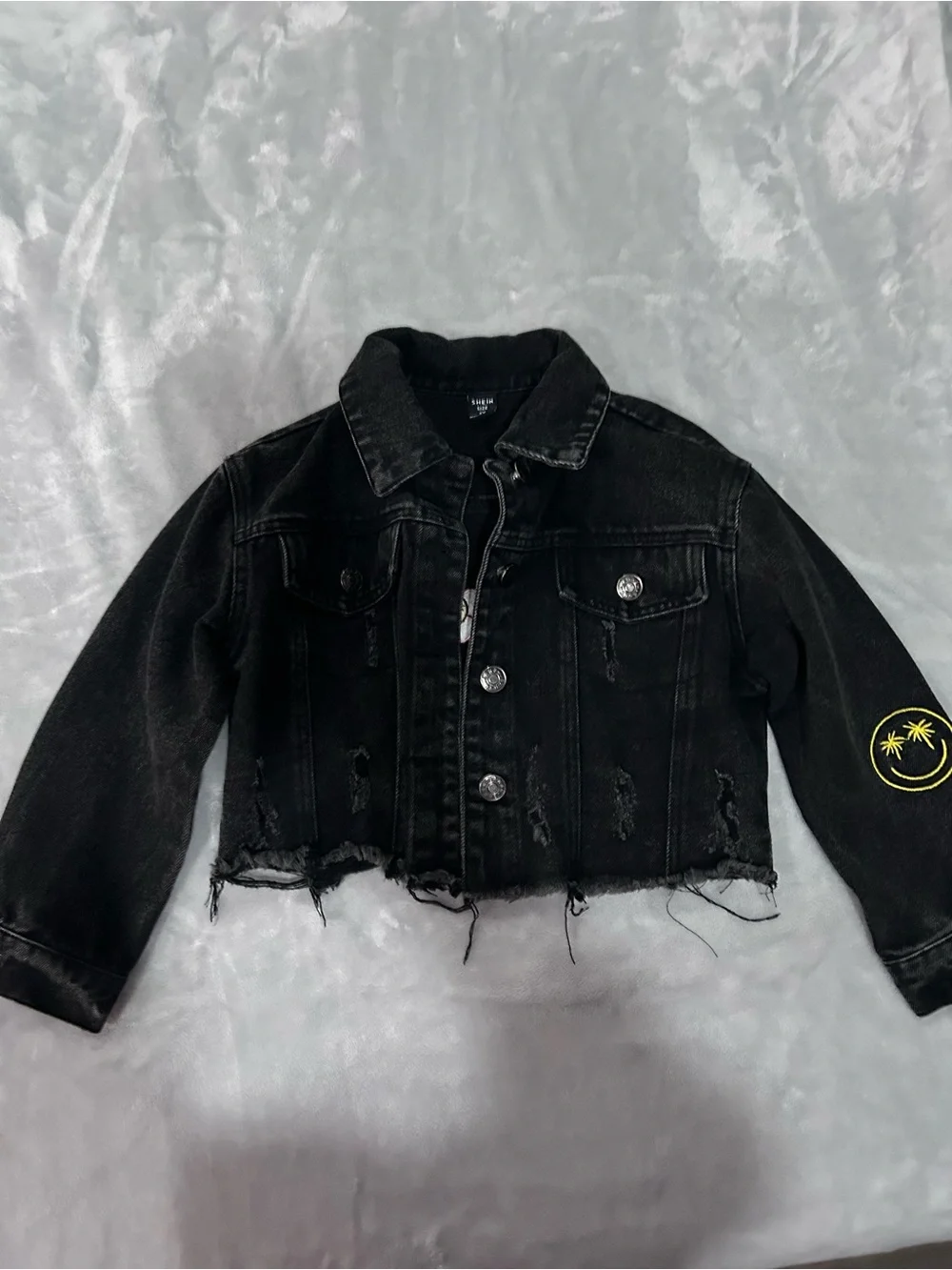 SHEIN Black Denim Jacket with Multicolor 'Good Vibes Only' Graphic